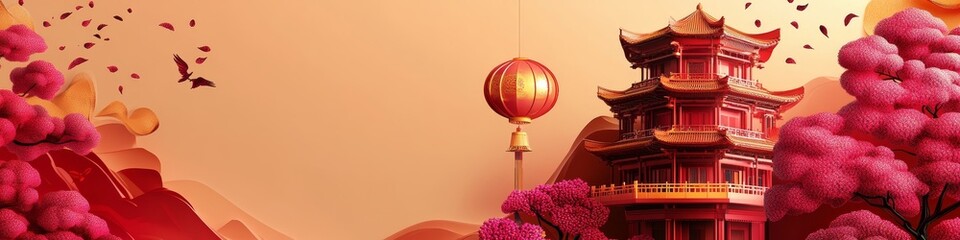 Fototapeta premium A serene landscape featuring a traditional Asian pagoda amidst vibrant cherry blossoms and lanterns.