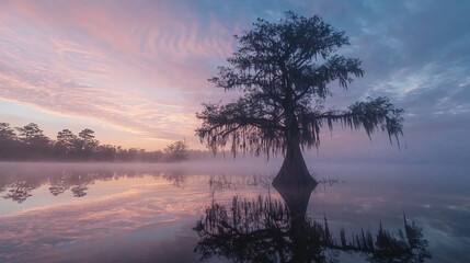 Majestic Lone Cypress Tree Reflecting in a Tranquil Misty Lake at Sunrise