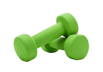 Pair of green dumbbells resting on their sides, isolated on white background