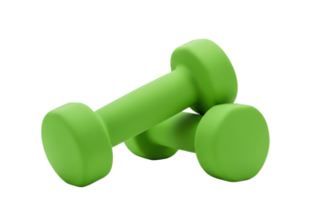 Pair of green dumbbells resting on their sides, isolated on white background