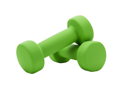 Pair of green dumbbells resting on their sides, isolated on white background