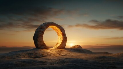 Mysterious Stone Circle at Sunset with Warm Glow and Scenic Landscape in the Background
