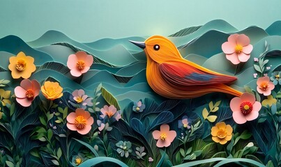 Fototapeta premium paper cut illustration of colorful paper bird,grass and flowers