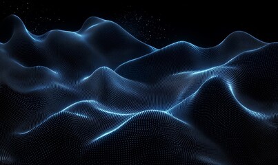 Obraz premium Wave grid abstract graphics. Blue digital mesh, or sound wave, on a black background, Generative AI