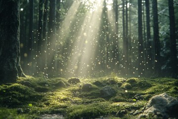 Sunlight filtering through forest trees illuminating moss-covered ground