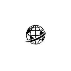 Global Connections: A minimalist black globe with a stylized orbit, symbolizing interconnectedness and global reach. Perfect for concepts related to international business, travel, technology.