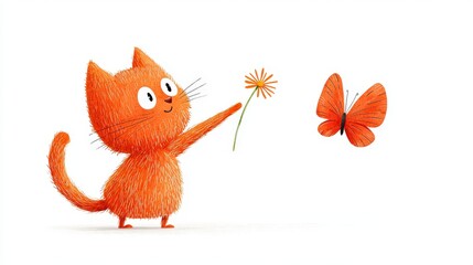 Obraz premium Cute orange cat character reaching for a vibrant butterfly and holding a flower in whimsical style
