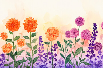 Watercolor illustration of perennial bed, orange dahlias, purple verbena