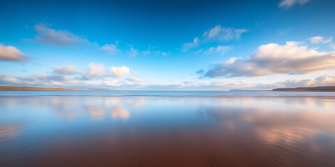 Naklejka premium serene beach landscape with calm waters reflecting sky.