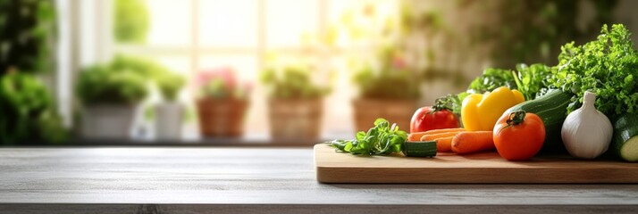 Fresh vegetables resting on a wooden cutting board, surrounded by potted plants and illuminated by sunlight streaming through a nearby window, create a vibrant kitchen scene