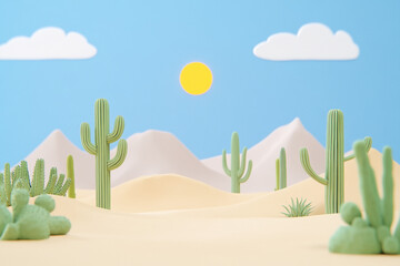 Claymation nature A colorful desert landscape scene with cacti, mountains, and a bright sun against a blue sky, featuring playful cloud formations.