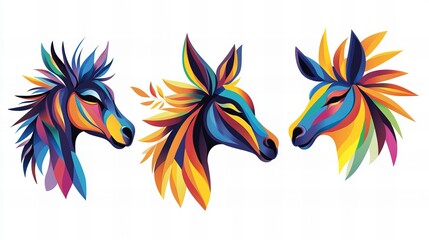 Obraz premium Three vibrant, colorful horses' heads. A unique, artistic depiction of equine beauty.