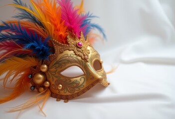 Ornate gold masquerade mask with colorful feathers