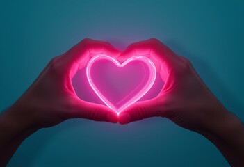 Obraz premium Hands forming glowing pink heart on teal background
