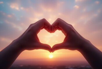 Hands forming heart against colorful sunset sky
