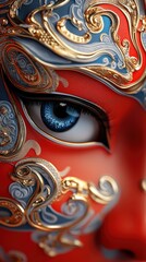 Fototapeta premium Intricate Design of Venetian Mask with Close-Up on Ornate Patterns, Vibrant Colors, Gold Details, Eye Focus, Cultural Art, Venetian Mask Concept