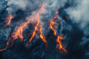 Fiery veins of lava pulse through dense smoke at a breathtaking volcanic eruption captured from above