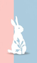 Obraz premium Elegant white rabbit silhouette with floral design on a pastel ombre background transitioning from pink to blue