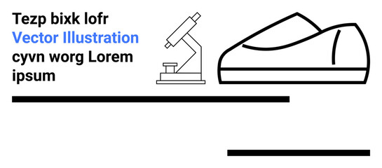 Microscope icon, shoe icon, lorem ipsum text, and bold lines representing a clean layout. Ideal for scientific themes, research, education, clean design, modern layouts, placeholders, and minimalism