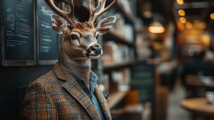 A deer dressed in a professional blazer stands proudly in a warm, inviting bookstore, surrounded by bookshelves. Its unique fashion choice adds an unexpected touch to the tranquil atmosphere