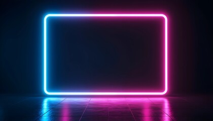 Futuristic Neon Rectangular Frame with Blue and Pink Gradient Glow, Reflecting on a Glossy Surface Against a Minimalist Black Background, Perfect for Modern Tech and Sci-Fi Aesthetics 