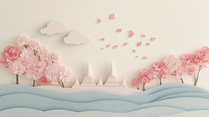 Charming paper cut-out of Wat Arun, the Temple of Dawn, A vibrant paper art depiction of the Floating Market in Thailand