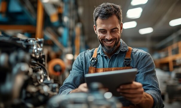 Professional portrait, mechanic or man working on vehicle or car engine in engineer or garage workshop. Confident, male or smiling and using tablet for car service repair and engineer, Generative AI