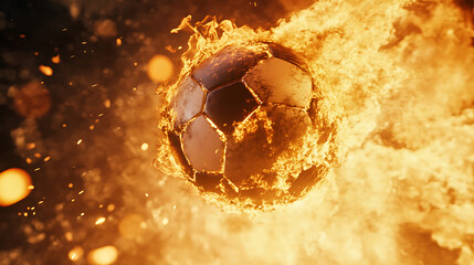Fototapeta premium A flaming soccer ball in motion, symbolizing energy and excitement in sports.