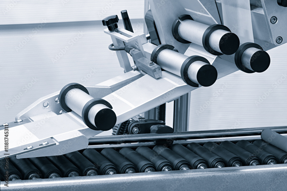 Poster fragment of the conveyor of sticking labeling machine. abstract industrial background.