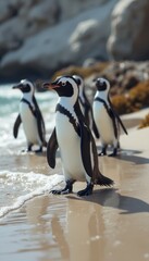 Fototapeta premium A group of charming penguins stands at the waters edge, their sleek bodies glistening in the sunlight. The scene captures the playful spirit of these delightful creatures as they interact with the