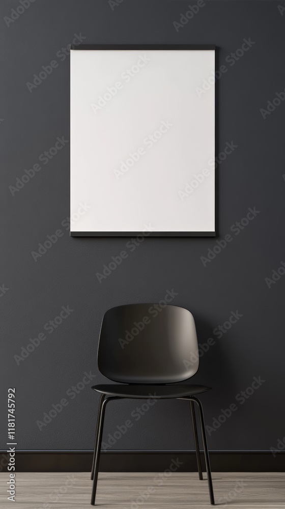 Aufkleber minimalist interior design featuring a blank frame mockup on a dark gray wall, a black chair placed 