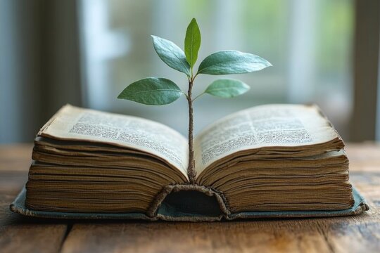 Open book with a plant sprouting from its pages in a symbolic concept