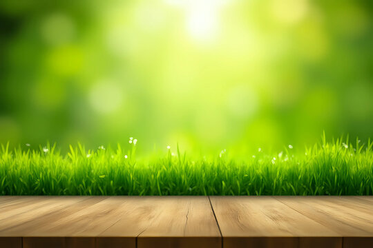 Fresh spring green grass with green bokeh and sunlight and wood floor