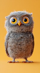 Naklejka premium This adorable owl, featuring oversized expressive eyes and a fluffy gray body, exhibits a charming surprise as it stands on a bright orange background, evoking joy and laughter