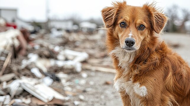 A hopeful golden retriever mix stands amidst debris in a desolate urban environment, showcasing resilience and companionship in challenging times
