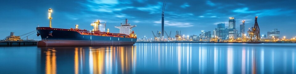 A cargo ship docked at a city harbor, illuminated by evening lights reflecting on the water.