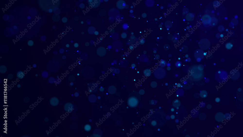 Poster abstract dust particles with blue light on dark background. science backdrop with moving glittering 