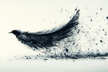 Black feather surrounded by ink splatters on a white background