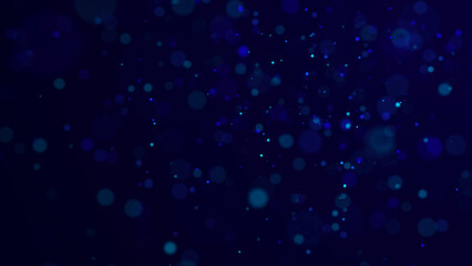 Abstract dust particles with blue light on dark background. Science backdrop with moving glittering dots. Flying particles with effect bokeh. 3d rendering.