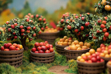 Claymation nature Lush orchard with apple and citrus trees, surrounded by baskets of colorful fruit in a vibrant, green landscape.