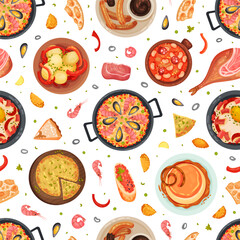 Spanish Dish and Food Seamless Pattern with Traditional Meal Vector Template