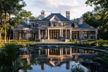 A traditional estate with a grand portico, large bay windows, and sprawling grounds featuring a serene reflecting pond