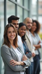 Obraz premium A group of five diverse professionals stands confidently in a modern office setting, showcasing unity and teamwork. Their warm smiles and relaxed postures reflect a positive work environment