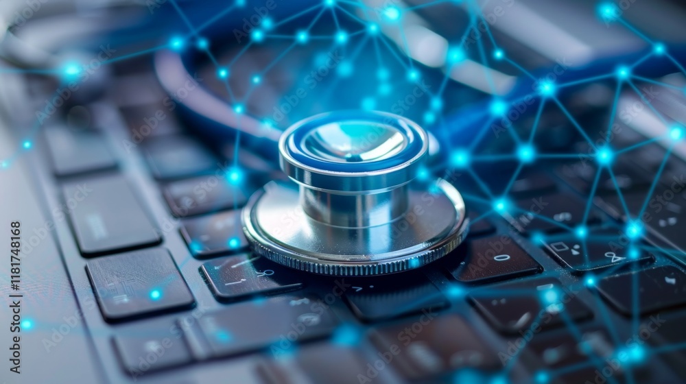 Poster A stethoscope rests on a computer keyboard, symbolizing the intersection of technology and healthcare.