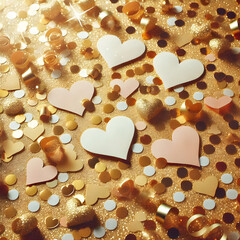 An image of a multitude of small paper hearts scattered among golden confetti on a festive background, Valentine's Day