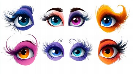 A vibrant collection of stylized eyes, each with unique colors and dramatic lashes.  Perfect for fashion, beauty, or fantasy projects.