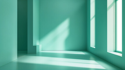 Obraz premium Minimalist Green Interior with Sunlight Streaming Through Windows in a Modern Architectural Setting