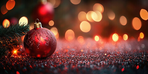 Festive Sparkle: A Shiny Red Christmas Ornament Glistens Amidst a Bed of Glitter and Warm Holiday...