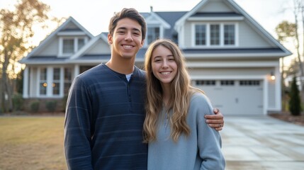 young couple stands in front of their new house