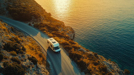 Scenic aerial view of a camper driving along a coastal road at sunset
